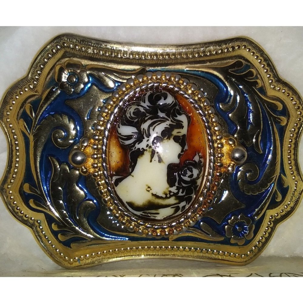 Vintage Cameo Belt Buckle Goldtone With Blue Enamel Unmarked